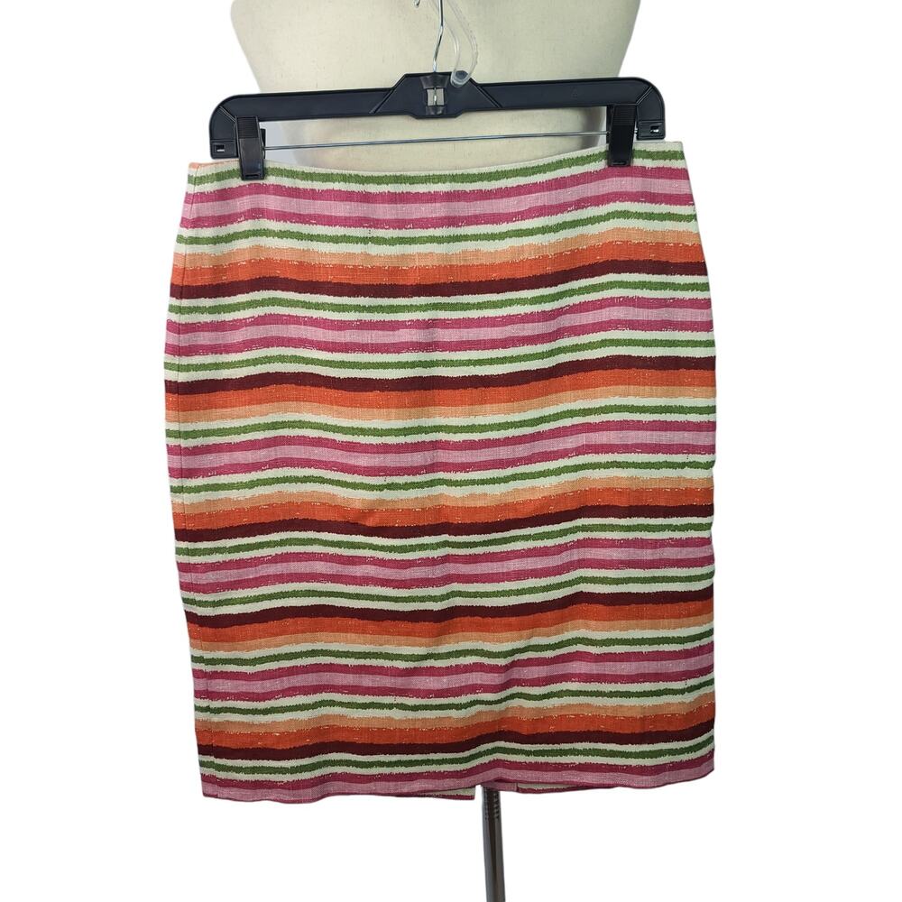 Talbots Orange Green Pink Striped Lined Linen Skirt Size 6